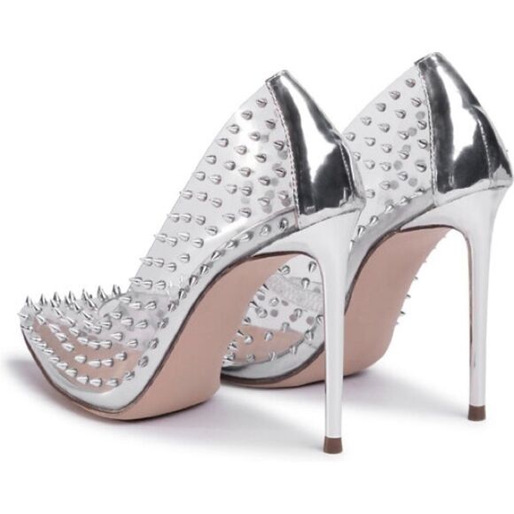 Revolve Steve Madden Luiza Vala Studded Clear Pointed toe Stiletto Heels Silver - Picture 3 of 12